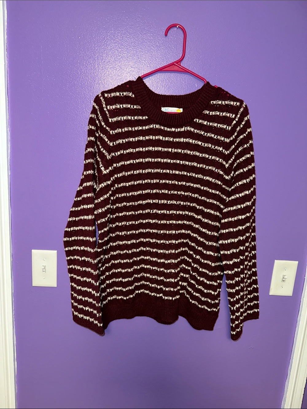 C&C California Maroon and Cream Striped Crewneck Sweater
